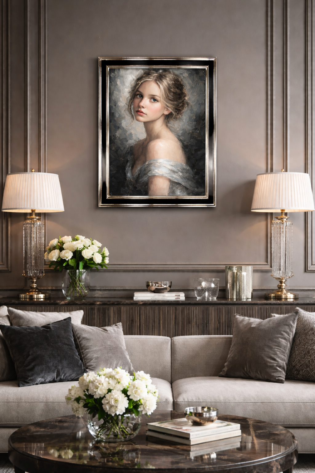 Czarna rama do obrazu na wymiar z pozłotą białym złotem 6K – aranżacja we wnętrzu, obraz poglądowy